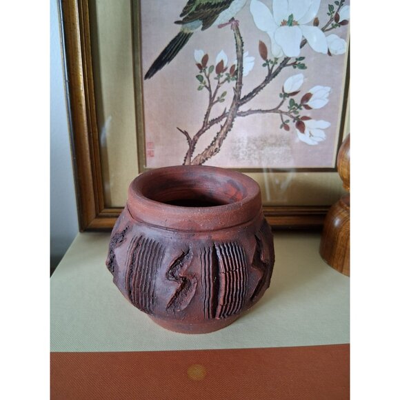 Vintage Handcrafted Terracotta Pot With Embossed Tribal Patterns Rustic Finish - Picture 3 of 8